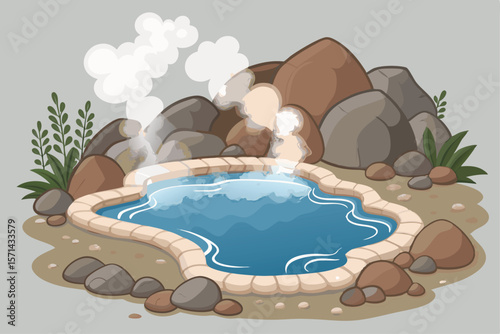 Create a vibrant vector illustration of a secluded hot spring pool nestled on a mountainside, showcasing lush natural vegetation and clear, steaming water.