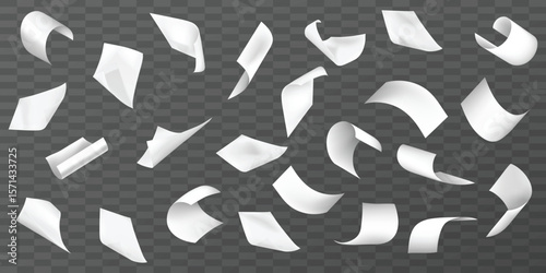Flying paper sheets scattered in air, Realistic office paperwork piece set falling down. Bent and curl A4 scatter away on wind mockup clipart