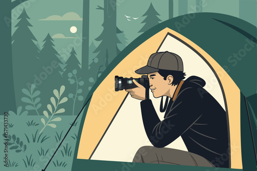 A wildlife photographer, inside a dark tent at night, carefully aiming their camera at unseen nocturnal wildlife.  Detailed vector illustration.