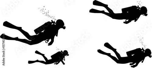 Black silhouette of a scuba diver wearing a wetsuit swimming underwater vector art,