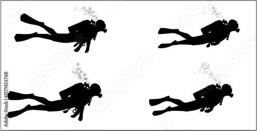Black silhouette of a scuba diver wearing a wetsuit swimming underwater vector art,
