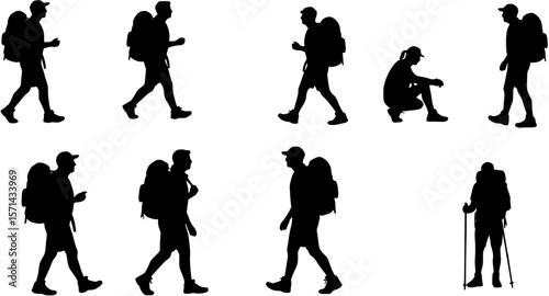 Seven hikers silhouette in various poses hiking adventure vector art,