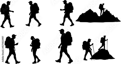 Seven hikers silhouette in various poses hiking adventure vector art,