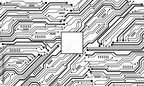 Abstract black circuit board technology connected lines electronics elements computer motherboard chip processor semiconductor digital on white background vector