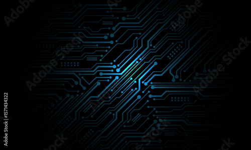 Abstract blue circuit board technology connected lines electronics elements computer motherboard chip processor semiconductor digital on black background vector