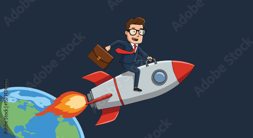 Businessman Riding Rocket into Space