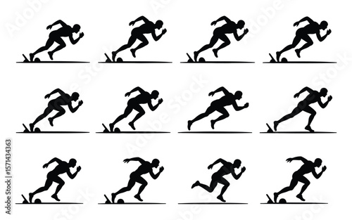 Set of athlete running poses in flat black design

