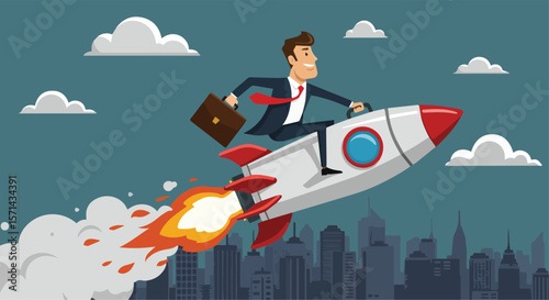 Businessman Riding Rocket into Space