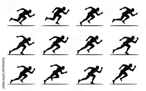 Set of athlete running poses in flat black design


