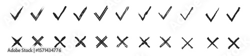 Acceptance and rejection symbol vector buttons for vote, election choice. brush stroke . Symbolic OK and X icon isolated on white. Tick and cross signs, checkmarks design 