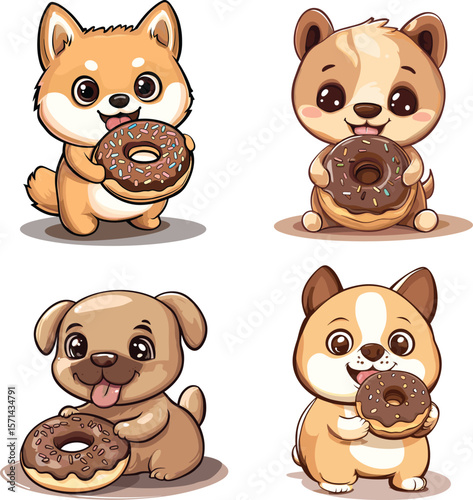 Cute dog bring donut chocolate vector style on white background 