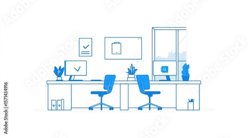 Two minimalist office desks with computers and plants.
