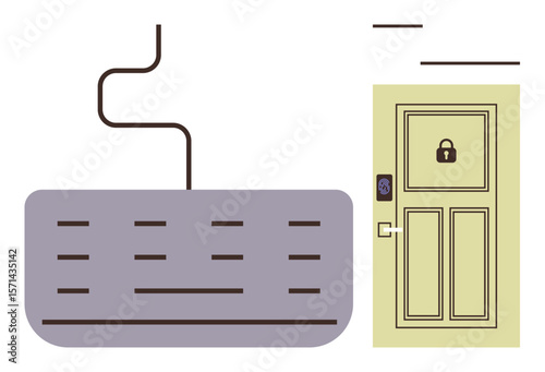 Keyboard and locked door with digital keypad highlighting security access, passwords, and encryption. Ideal for cyber safety, secure login, data protection, digital identity, online privacy
