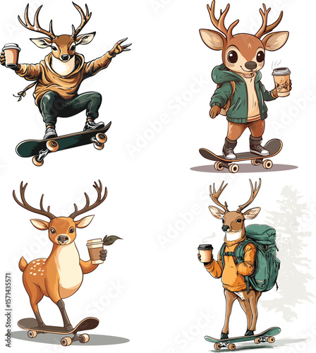 Cute deer skateboarding and holding coffee vector style on white background