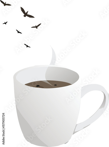 A pristine white ceramic coffee mug, steam subtly rising, perfect for warm beverages.