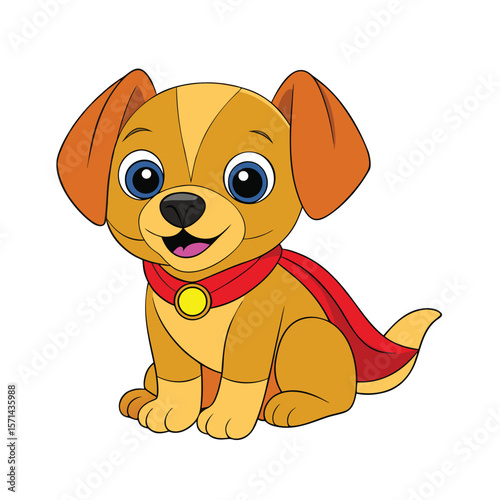 Adorable floppy eared puppy wearing a superhero cape sitting proudly