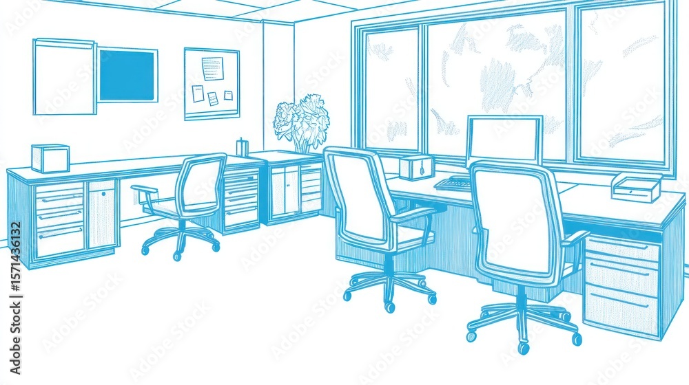 Office workspace drawing in light blue tones. Office workspace drawing in light blue tones.