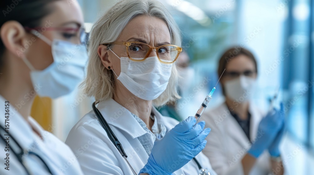 Medical professionals in a hospital setting, wearing masks and gloves, preparing for a vaccination. Medical professionals in a hospital setting, wearing masks and gloves, preparing for a vaccination.