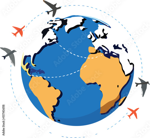 A realistic, detailed globe with a vibrant dashed line, symbolizing global connection and travel.