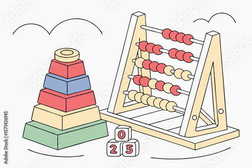 Illustration of a stacking toy, abacus, and number blocks, with cloud shapes in the background