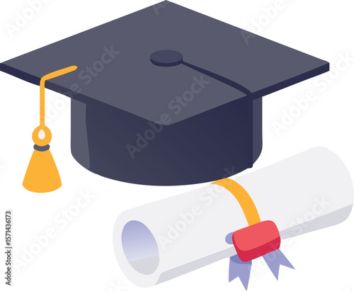A realistic, detailed graduation cap with a rolled diploma, symbolizing achievement and education.