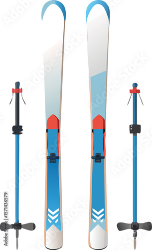 A sleek pair of skis with bindings attached, pristine and ready for winter sports and snow.