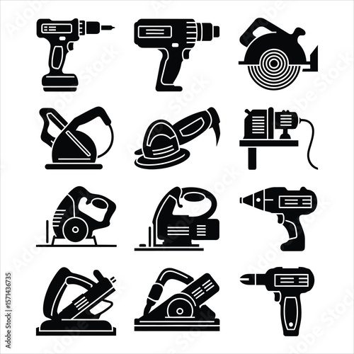 Black and white icons of various power tools drill circular saw