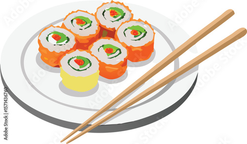 A vibrant plate of sushi rolls with chopsticks, artfully arranged for gourmet dining.