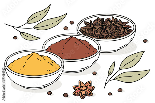 Illustration of bowls filled with spices, star anise, leaves and scattered peppercorns on white background