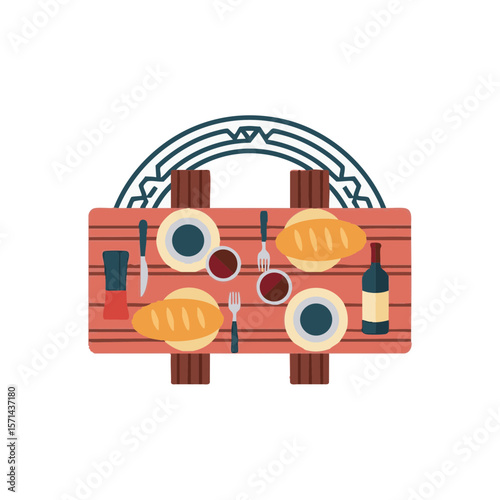 Top View Picnic Table with Bread and Wine, Decorative Arch, Flat Icon