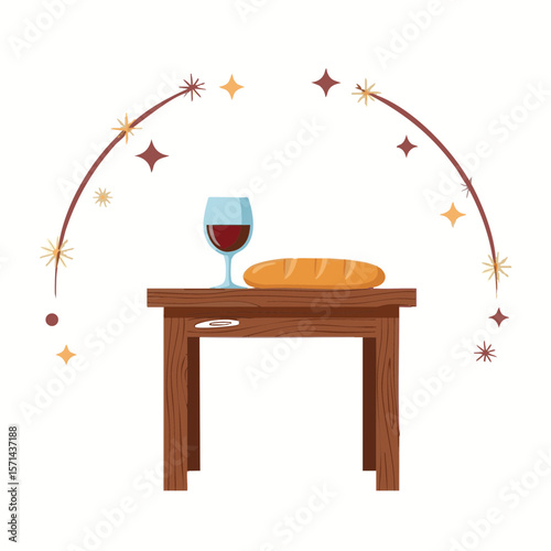 Rustic Table with Wine Goblet and Baguette, Surrounded by Sparkles, Flat Icon