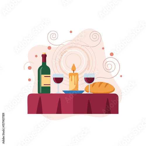 Table with Bread, Wine and Candle, Surrounded by Warm Decorative Elements, Flat Icon
