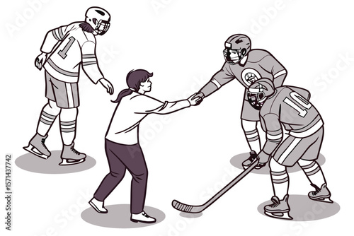 A hockey coach shaking hands with a player as two other players stand nearby on the ice rink area