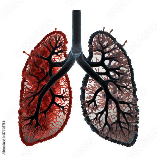 lungs effected, left side red and right side black, vector