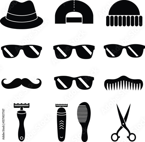 Black icons of men's accessories and grooming tools fedora hat baseball cap