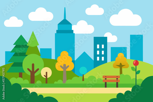 Nature Scene With City Buildings And Park Illustration