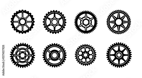 Gear Set Collection: A diverse collection of eight distinct gears, meticulously illustrated in black and white, offering a versatile resource for mechanical design, engineering projects.