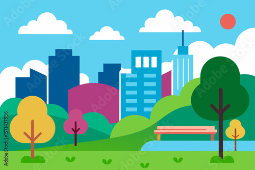 Nature Scene With City Buildings And Park Illustration