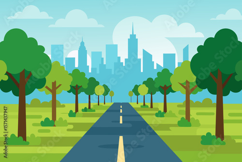 Horizontal View Of A Long Tree Lined Avenue Passing