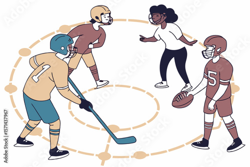 Four athletes in sports gear on a dotted circle playing hockey and american football on the field