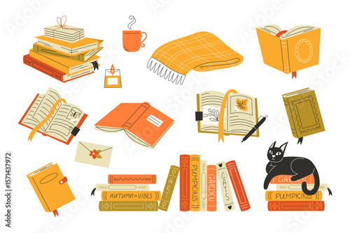 Autumn book collection with literature diary and seasonal reading in flat style