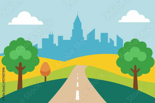 Horizontal Scene At Day Time With Long Road Through