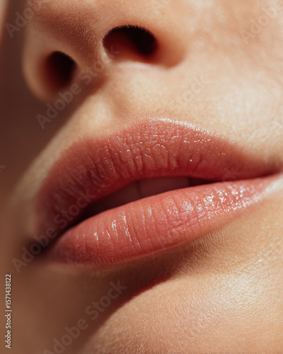 Gentle close up of lips showcasing natural shade, highlighting smooth texture and subtle shine, evoking sense of beauty and elegance