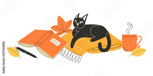 Cosy autumn flat illustration with black cat, open book, hot drink and fall leaves on yellow plaid