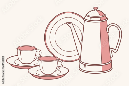 Illustration of a vintage coffee pot with plates and cups in a simple line drawing style art