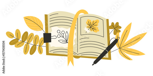 Open Botanical Journal with Autumn Leaves and Plant Research Notes Flat Style Illustration