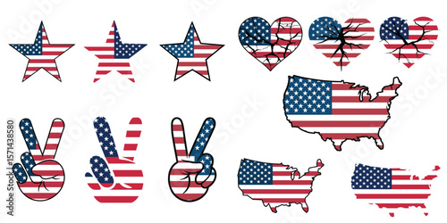 Patriotic American Symbols Featuring Stars, Peace Signs, Hearts, and the USA Map with Stars and Stripes for Representing Freedom, Unity, Independence, and National Pride in Creative Designs
