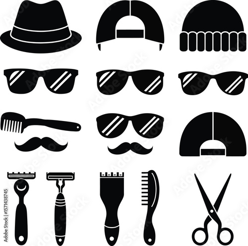 Fedora sunglasses mustache comb razors scissors cap beanie vector