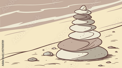 A stack of flat stones balanced on a sandy beach with a horizon line in the background art style