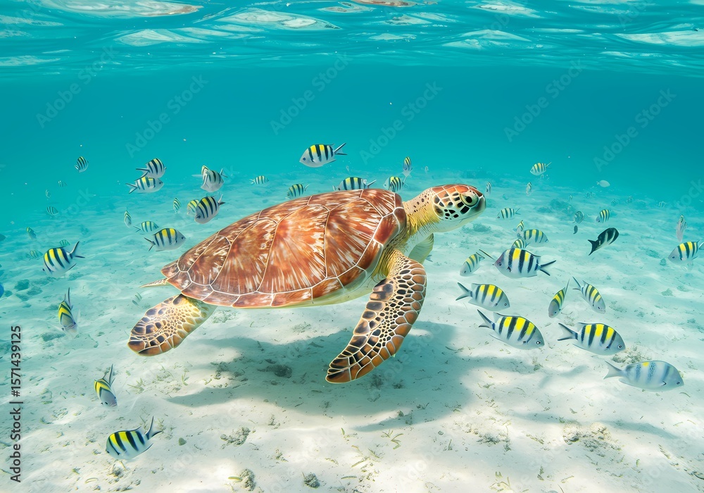 Obraz premium Majestic sea turtle glides gracefully through clear turquoise ocean waters surrounded by a school of vibrant yellow and black striped fish over a sandy seabed